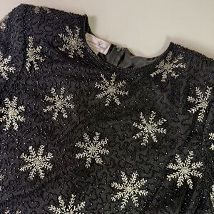 Vintage Laurence Kazar Silk Beaded Top Women's XL Black Snowflakes Holiday Party
